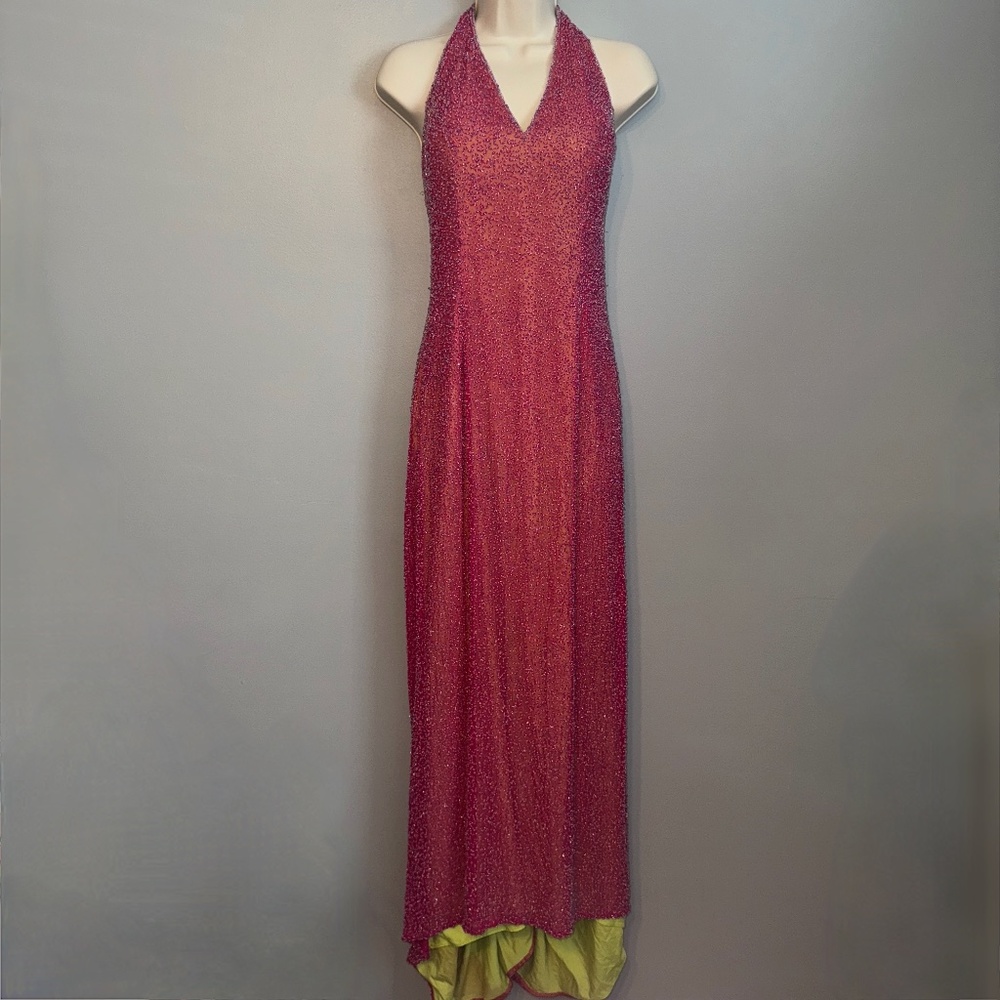 Vintage Je Matadi by Sean Mehta Silk Fully Beaded Gown Halter Maxi Size Medium